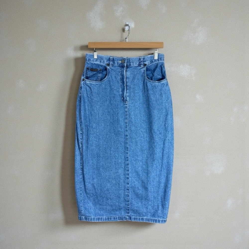 Vtg 90s New York & Company Pencil Skirt Womens 12 Blue Denim Midi Modest Cotton